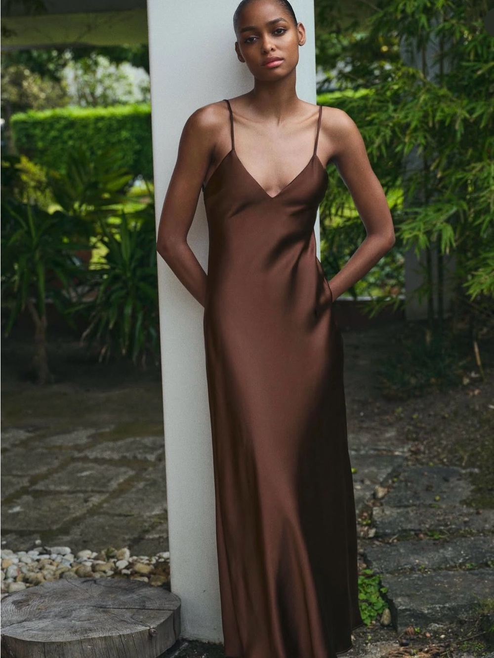 Zara Satin Maxi Slip Dress – Chocolate Brown